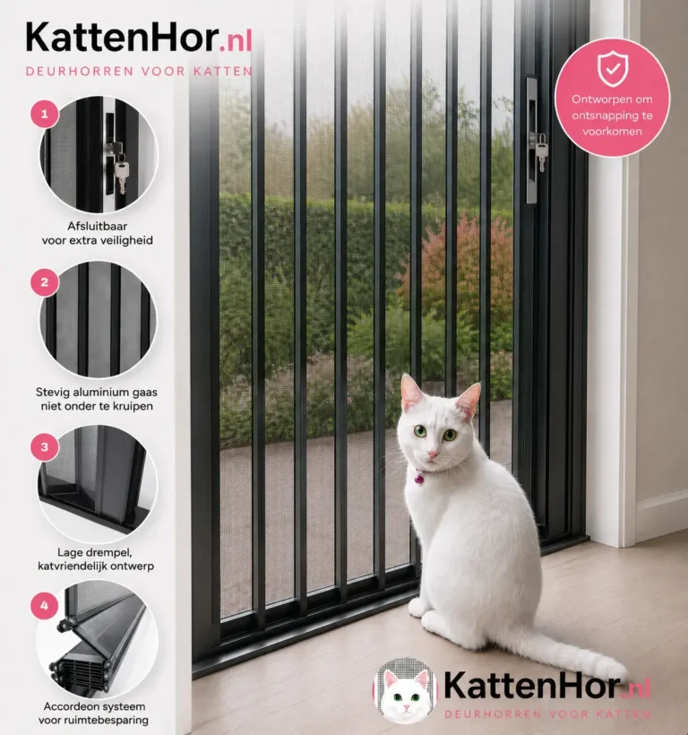 Witte kat naast een zwarte kattenhor met afsluitbaar slot en lage drempel